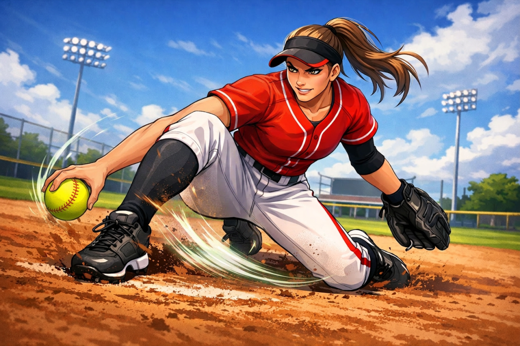 Softball player sliding to field a ball on a dirt field